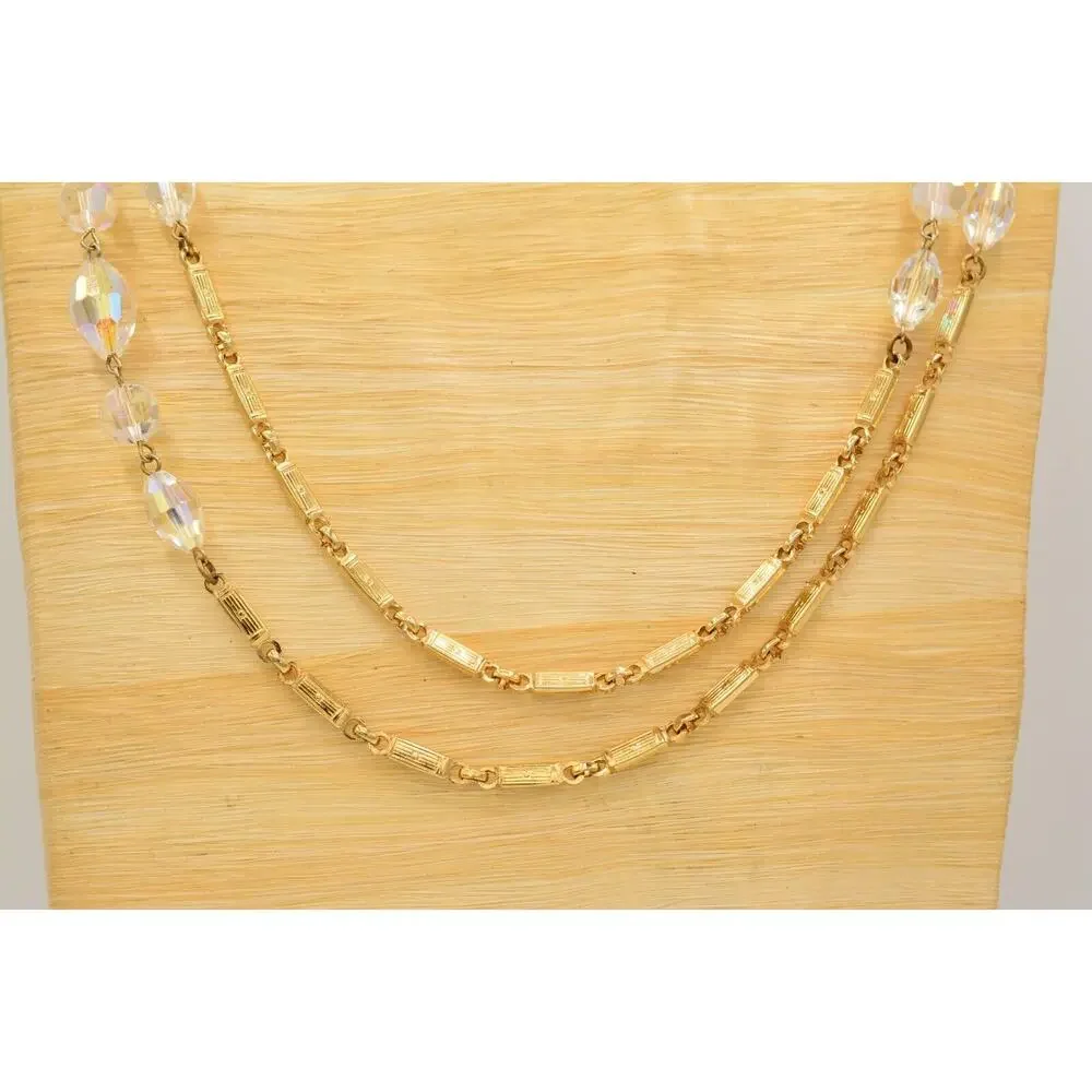 Vintage Crystal Necklace Gold Tone Chain Aurora Borealis Glass Long Sparkling 9J